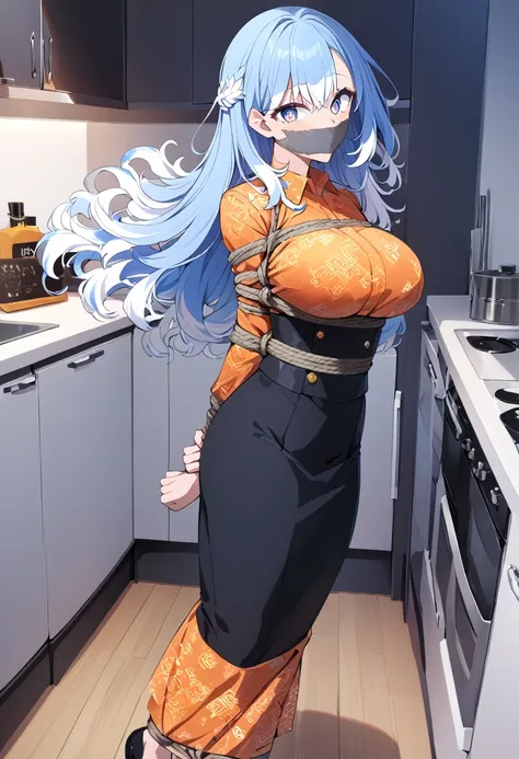 score_9, score_8_up, source_anime, 1girl, solo, KoboKanaeru, blue eyes, long hair, blue hair, colored tips, white hair, high-waist skirt, The uniform features a vibrant, orange batik patterned shirt with long sleeves. A simple black belt cinches the waist....