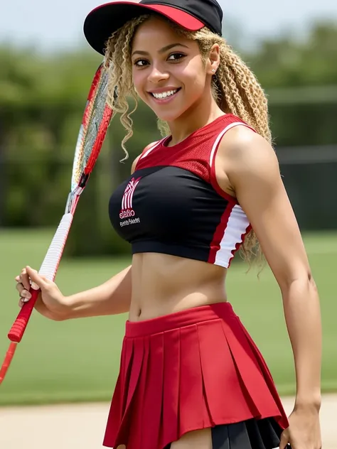 shakira, beautiful, happy smile, playing badminton, red crop top t-shirt, black hat, red pleated skirt