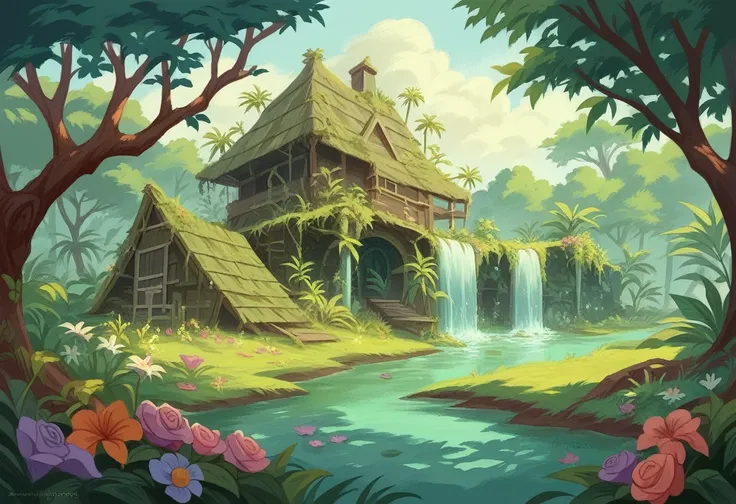 There is a picture of a little cabin in the woods., river with low hanging plants, anime Background Art, Environmental design illustration, Beautiful artwork illustration, art nouveau jungle environment, mystical forest lagoon, detailed Digital Painting, F...