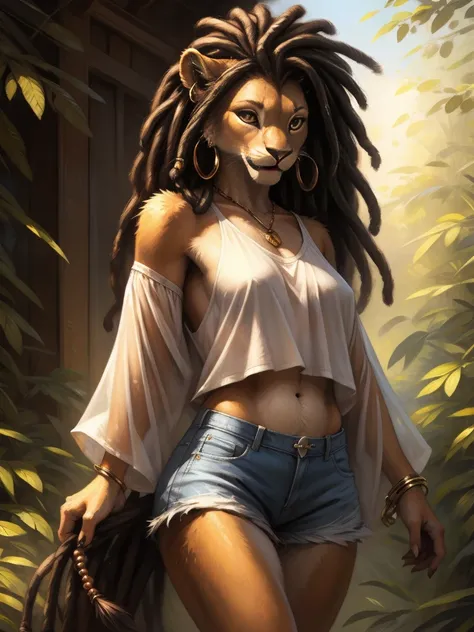 by kenket, by totesfleisch8, (by thebigslick, by silverfox5213:0.8), (by syuro:0.2),  а lion, female, in full growth, brown fur, light brown eyes, long black dreadlock hair with fangs of wild animals on the tips of some dreadlocks, tail with a tassel at th...