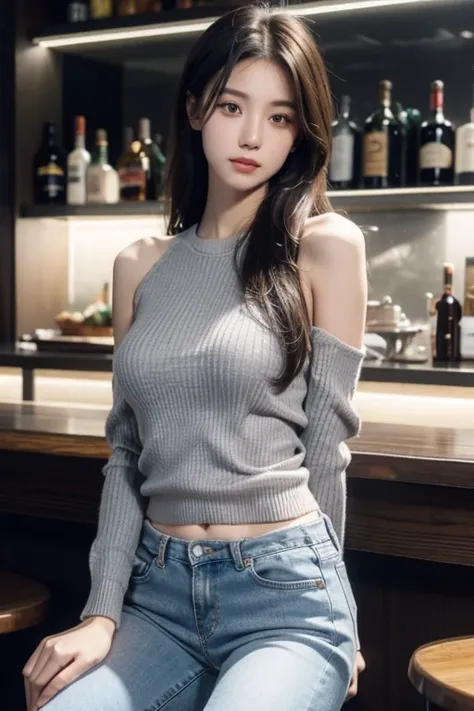 8K, Best quality, Realistic photos, Realistic details, Clear face, Delicate facial features, True skin radiance, A cute girl, Shy, Facing the camera, Girl sitting in bar in gray fishnet sweater and skinny jeans, Clear the bar background, Sea view, Arms on ...