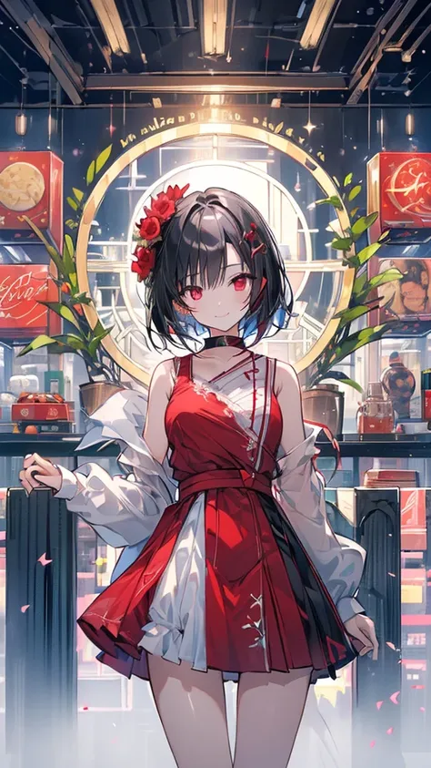 (masterpiece, highest quality, highest quality, (No text), Beautiful and aesthetic:1.2),No text,アニメ、 high resolution　BREAK,One Girl，Short black hair　Tree Eyes　Beautiful eyes　Red eyes　Cool girl　cool　smile　Red and black costume　mini skirt　Whole body　Detailed...