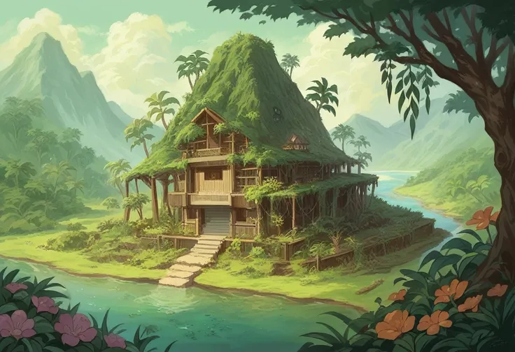 There is a picture of a little cabin in the woods., Digital painting by Shitao, pixiv Contest Winner, Conceptual Art, river with low hanging plants, anime Background Art, Environmental design illustration, Beautiful artwork illustration, art nouveau jungle...