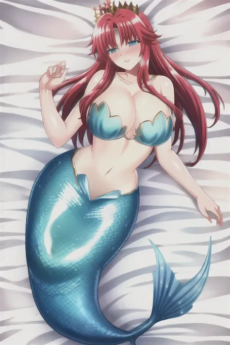 Mermaid, mermaid tail below waistline, underwaters, pearl crown, red hair, long hair, blue eyes, bra, large breasts, cleavage, happy, blush, full body,