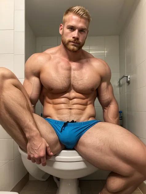 a handsome muscular blond policeman sits in the bathroom and shaves his hairy chest with a razor. 27 years old, his chest and stomach are very hairy. There is a huge bulge in the swimming trunks, which immediately becomes noticeable