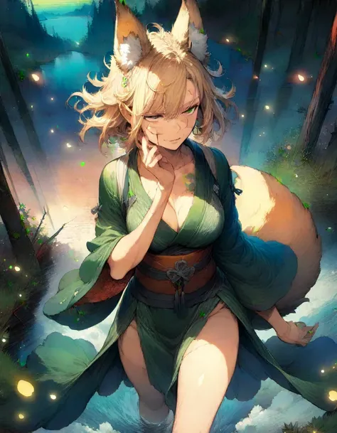 (masterpiece,best quality,very aesthetic,ultra-detailed),(illustration,official art),solo,BREAK,1girl,30yo,curvy,large breasts,tall,stout build,bewitching,(blonde fox ears),(a fox tail),(blonde hair,short hair,messy hair),disheveled hair,(brown foxy eyes),...