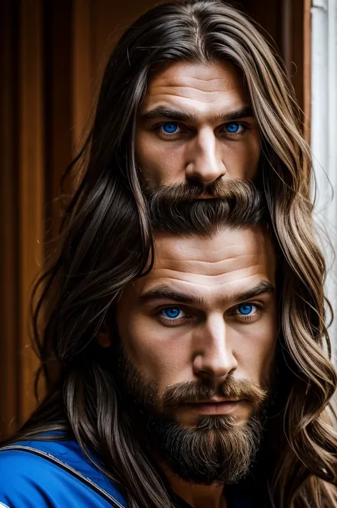 A Russian man with long hair and blue eyes 