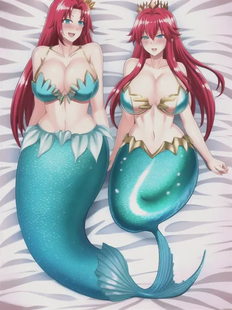 Mermaid, mermaid tail below waistline, underwaters, pearl crown, red hair, long hair, blue eyes, bra, large breasts, cleavage, happy, blush, full body,