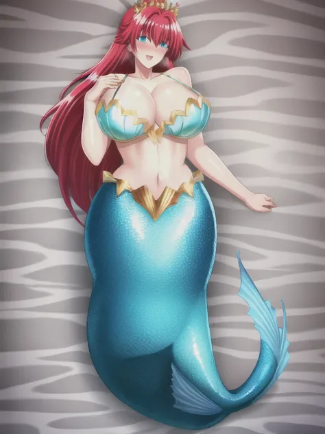 Mermaid, mermaid tail below waistline, underwaters, pearl crown, red hair, long hair, blue eyes, bra, large breasts, cleavage, happy, blush, full body,