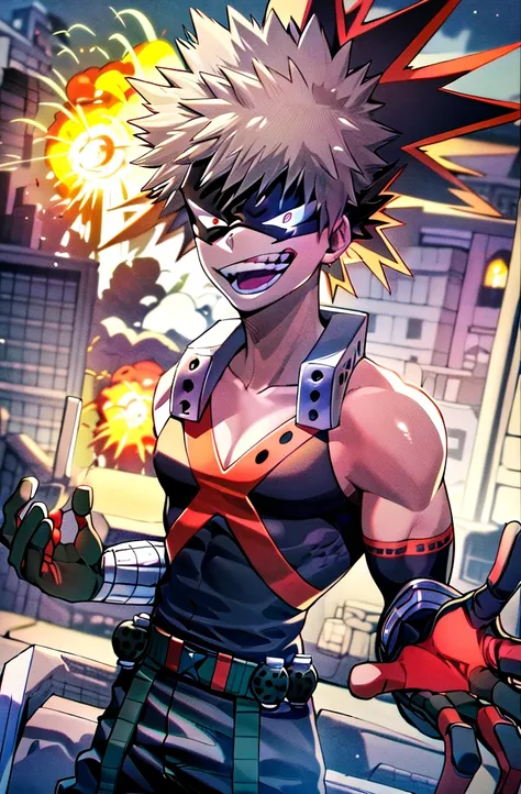 ((​masterpiece,best quality, detailed)), 1 boy, male focus, outside, building, explosion, 火, glut,
bakugou katsuki, two-tone glo...