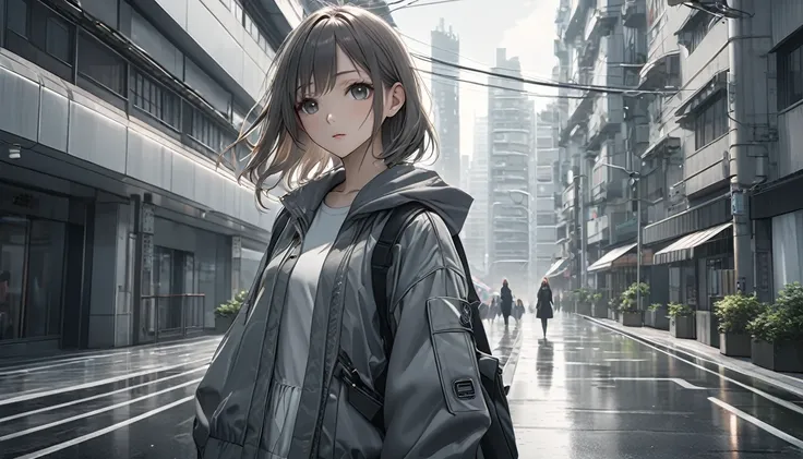 a modern city, daylight, overcast sky, soft sunlight, anime style, 1girl, detailed clothing, detailed background, muted color palette, cinematic lighting, photorealistic, intricate details, high quality, 8k, masterpiece, long shot