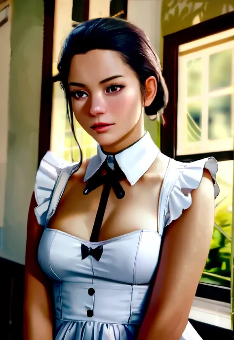 8K, of the highest quality, masutepiece:1.2), (Realistic, Photorealsitic:1.37), of the highest quality, masutepiece, Beautiful young woman, Pensive expression,、A charming、and an inviting look, Cute Maid Clothes, Hair tied back, Cinematic background, Light ...