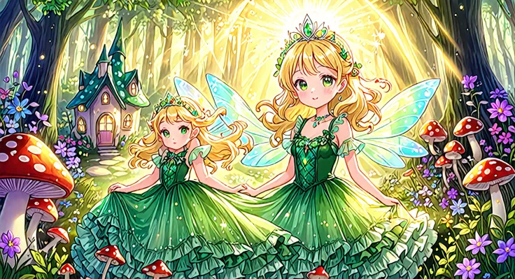 kawaii, whimsical, a beautiful fairy woman, an iridescent green pair of fairy wings, sparkling fairy dust, blonde princess hair, lacey intricate ruffle green princess dress, gem encrusted tiara, fantasy enchanted forest, wild flowers, sparkle effects, litt...