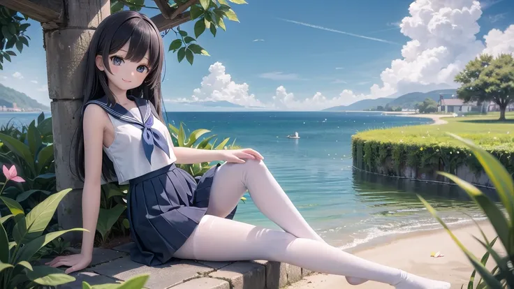 (masterpiece),  town,  blue sky,  One Girl, Place the person on the right,  smile,  alone,  Sailor suit、Long skirt,  Overgrown,  petal,  plant、Skirt lining、White slip、nostalgic、Grey pantyhose、I can see the ocean in the distance, Crotch close-up