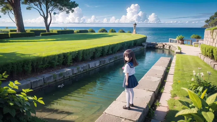 (masterpiece),  town,  blue sky,  One Girl, Place the person on the right,  smile,  alone,  Sailor suit、Long skirt,  Overgrown,  petal,  plant、Skirt lining、White slip、nostalgic、Grey pantyhose、I can see the ocean in the distance, Crotch close-up