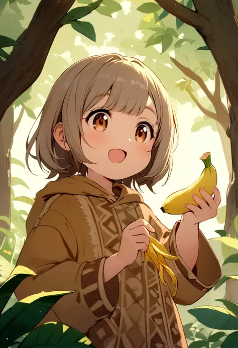 Children&#39;s illustration.Girl 8 years old.1 owl.Owl brown color,pattern.Girl holds a banana peel in her hand.A girl asks an owl where the bark comes from.The girl is back in Viwa.