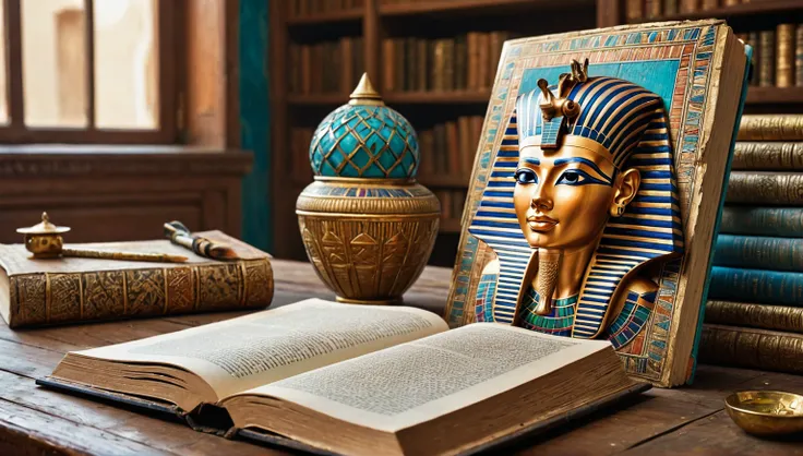 Books on an old desk, room in a rundown house, nobody there, close-up of a book.centered, scale fit, rule of thirds, (shiny egyptian ornaments), high resolution, sharp focus, (ultra detailed, highly detailed), (photorealistic artwork:1.37), (highly detaile...