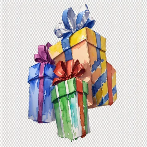 there are many different colored Gifts on a white background, birthday wrapped presents, Gifts, presents, giving Gifts to people, стиль watercolorной живописи, watercolor painting, very detailed illustration.», watercolorный стиль, watercolorная иллюстраци...