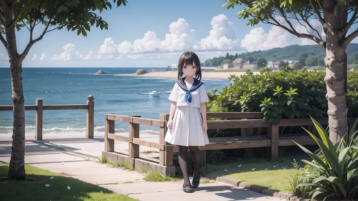 wallpaper, Clear face, (masterpiece),  town,  blue sky,  One Girl, Place the person on the right,  smile,  alone,  Sailor suit、Long skirt,  Overgrown,  petal,  plant、Skirt lining、White slip、nostalgic、Grey pantyhose、I can see the ocean in the distance, Crot...