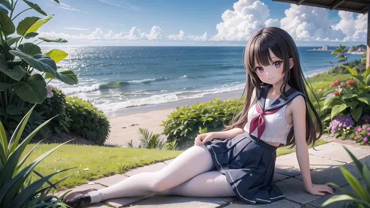 wallpaper, Clear face, (masterpiece),  town,  blue sky,  One Girl, Place the person on the right,  smile,  alone,  Sailor suit、Long skirt,  Overgrown,  petal,  plant、Skirt lining、White slip、nostalgic、Grey pantyhose、I can see the ocean in the distance, Crot...