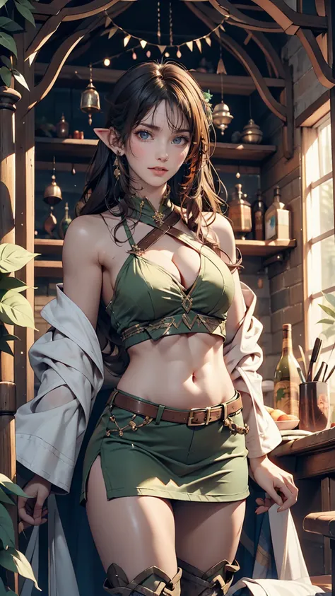 24-year-old elf woman、Wear a green one-shoulder top、Lower milk visible、I can see my belly button、Toned body、Narrow waist、Wear a miniskirt、Wear long boots、Fantasy Archer Outfit