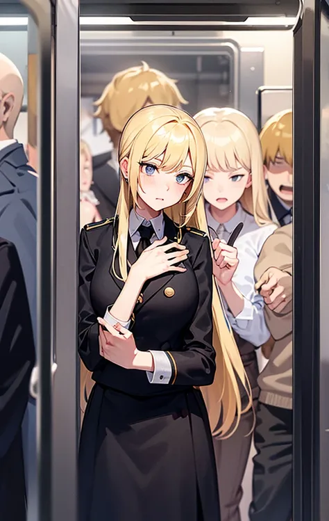 A blonde girl in a crowded train. A uniform. A man is putting his hand inside the girl&#39;s clothes and touching her breasts. The girl has an embarrassed expression. Blushing. Tears. A man is putting his hand inside the girl&#39;s skirt.