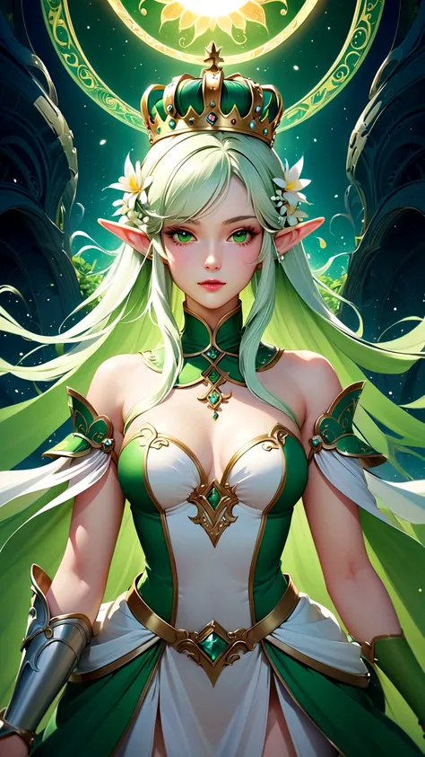 Wearing a green and white dress、Anime girl with crown on her head, Portrait of the Knights of the Zodiac, 2. 5D CGI anime fantasy artwork, Beautiful fantasy queen, ((Beautiful fantasy queen)), 8k high quality detailed art, Fan Art Best Artstation, Beautifu...