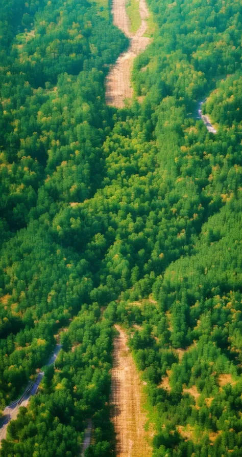 (Best quality:1.4),(Best result:1.4),(Super clear picture quality:1.4),(Super clear detail:1.2),birds-eye view of a road passing through a forest,summer forest,straight road,Trucks driving on the road,overlook,birds-eye view,Bird&#39;s eye view of forest a...