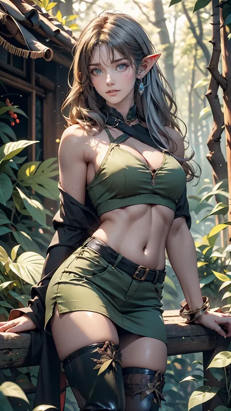 24-year-old elf woman、Wear a green one-shoulder top、Lower milk visible、I can see my belly button、Toned body、Narrow waist、Wear a miniskirt、Wear long boots、Sexy、Eyeshadow、Rouge、long hair、Silver Hair、Being in the forest