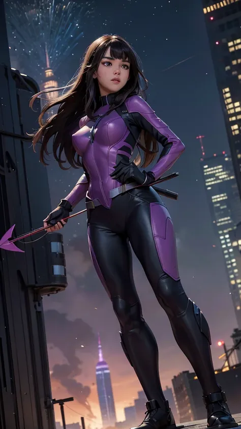 kate bishop, a young woman with hailee steinfeld's face, wearing a classic sexy superhero suit, holding a bow and arrows, fighti...