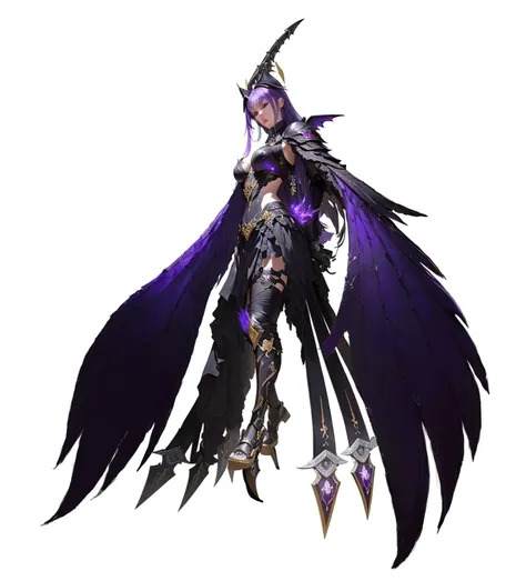 Purple Hair、Aravud image of a female warrior holding a sword, 黑暗Witch full view, 黑暗Witch fullbody pose, Full body fairy, Morrigan, Morgana in League of Legends, Female vampire with crow wings, 黑暗Witch角色, 黑暗Witch, I&#39;m going, The female villain has black...