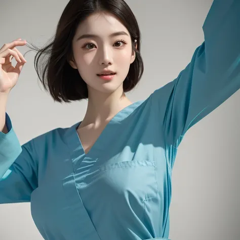 masterpiece, best quality, 1girl, (dancing) with arms outstretched, happy, in hospital room, Beautiful Japanese female doctor wearing teal scrubs, beautiful detailed face, pale skin, realistic skin, detailed cloth texture, detailed hair texture, accurate, ...