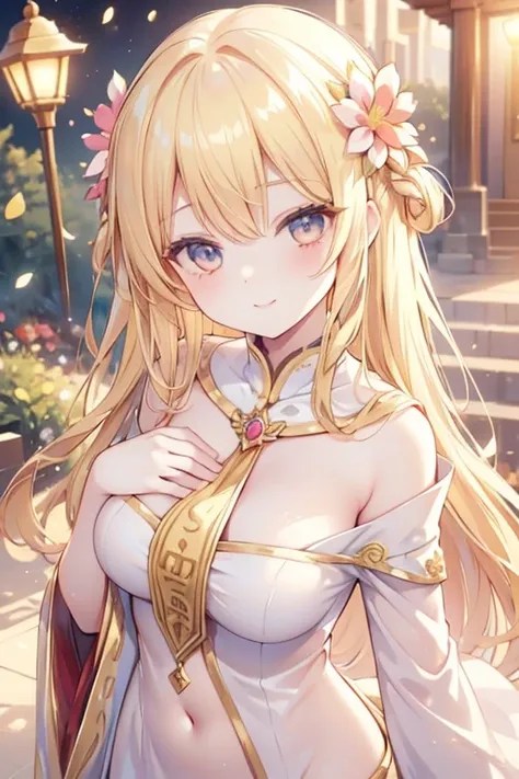 young girl, golden blonde hair, reddish gold eyes, beautiful and detailed eyes, wide happy smile, priestess clothes, ideal chest, flower hair ornament, (in the temple flower garden)