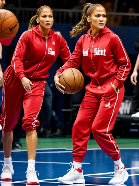 Jennifer Lopez, playing basketball, wearing red tracksuit