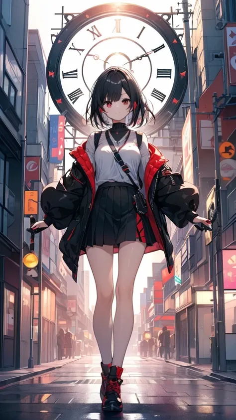 (masterpiece, highest quality, highest quality, (No text), Beautiful and aesthetic:1.2),No text,アニメ、BREAK,One Girl，Short black hair　Tree Eyes　Beautiful eyes　Red eyes　Cool girl　cool　smile　Red and black coat　mini skirt　Whole body　Detailed eyes and face　Night...