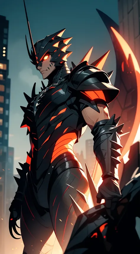 Original Kaiju armor form of a human, sharp, obsidian-like plates that overlap like armor, Elongated and somewhat reptilian head, with a pronounced crest of jagged obsidian spikes running from the forehead to the back of the neck. Four glowing, amber eyes ...