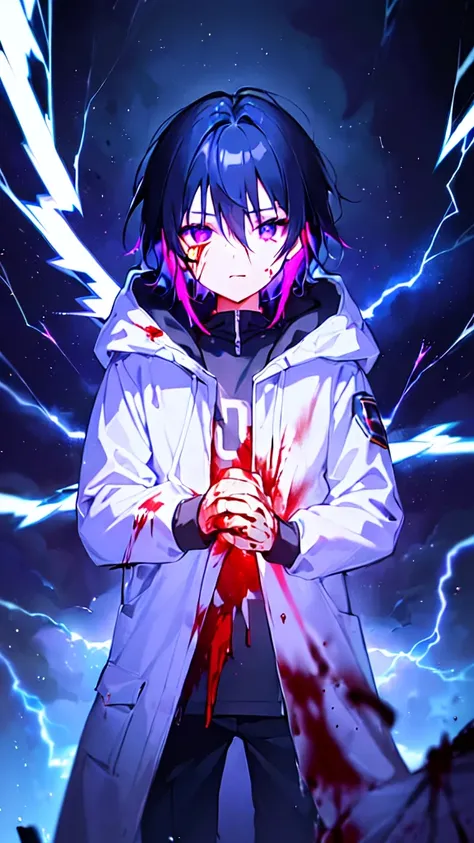 [(BLACK BACKGROUND:1.5),::5], ((((masterpiece)))), high quality, ultra very high resolution, full color, (((solo))), ((little boy)), black hair, ((blue colored inner hair)), ((purple eyes)), anime, ((upper body)), neon light, black parka, (lightning effect...