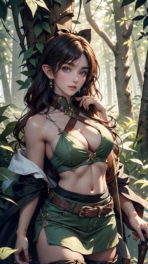 24-year-old elf woman、Wear a green one-shoulder top、Lower milk visible、I can see my belly button、Toned body、Narrow waist、Wear a miniskirt、Wear long boots、Sexy、Eyeshadow、Rouge、long hair、Silver Hair、Being in the forest、Fantasy Archer Outfit、Have a fantasy bo...