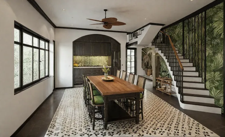 Indochine, warm, rustic, close to nature, Warm colors like earthy brown, light yellow, sage green, Use of natural materials like wood, stone, rattan, Patterned tiles, woven baskets, greenery, pottery, artwork, Create a sense of openness and connection with...