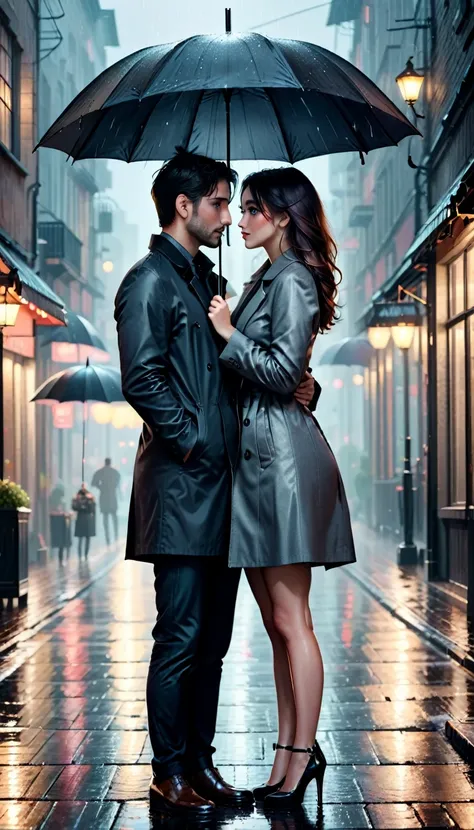 a couple gazing into each others eyes under a grey-black umbrella on a rainy evening, beautiful  detailed eyes and face, intimate romantic full body shot, moody atmospheric lighting, cinematic, dramatic, vibrant colors, high contrast, 8k, best quality, mas...