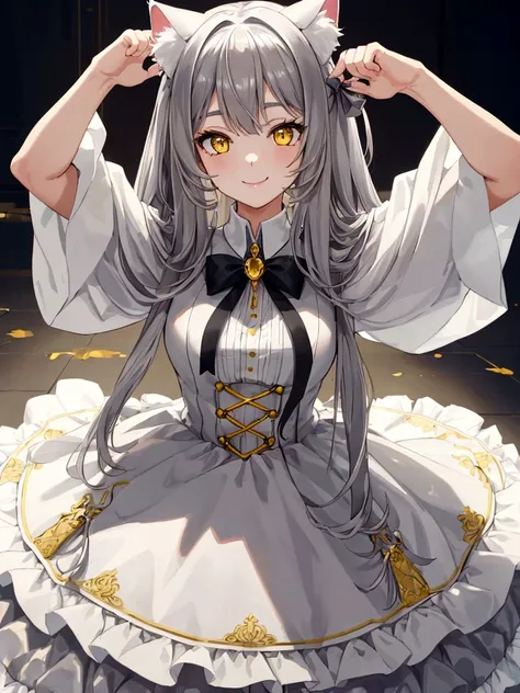 ((masterpiece)), ((best quality)), (close-up:1), (half-body shot:1.36), perfect anatomy, 1girl, solo, cat girl, gray hair, yellow eyes, gray cat ears, gray fluffy cat tail, basic white dress, smiling, lighting from front, looking at viewers