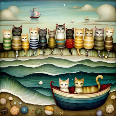 a beautiful patchwork of some cats i sleep on an overturned boat. seascape with beach. angle view.   style klimt, nicoletta cecc...