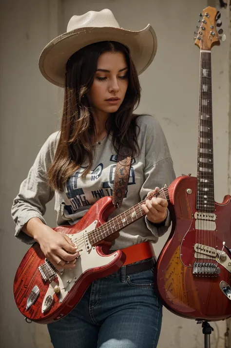 "Create an HD wallpaper featuring a woman bowing her head while wearing a cowboy hat, styled in 90s rock fashion. She is holding a red Stratocaster guitar, with a background that reflects the spirit and energy of the rock music era."