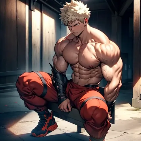 1 boy, Bakugou mit nacktem Oberkörper auf dem Thron und überkreuzten Muscularn legsn, sweating, detailed good lighting, Full body,  ((((extremely muscular)))),, Muscular, legs , ((Muscular Arme)), Muscularr Oberkörper, Muscular Bauchmuskeln , Muscular Schu...