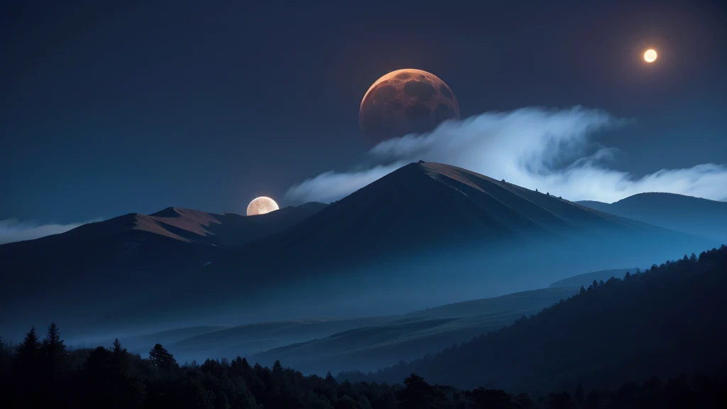 a dramatic lunar eclipse, a mysterious crescent moon in a starry night sky, moody atmospheric lighting, dark storm clouds, haunt...