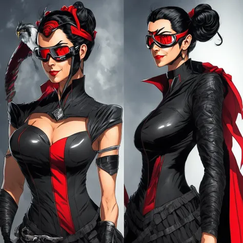 A 34-years-old villain scientist woman with black hair tied in a ponytail and a skinny. There is a scar on the right side of her face. She wears goggles with bright red lenses. She wears a black leather gown and black leather gloves. Under the shirt is a l...