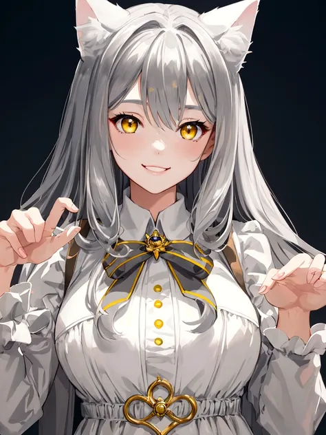 ((masterpiece)), ((best quality)), (close-up:1.3), (half-body shot:1.36), perfect anatomy, 1girl, solo, cat girl, gray hair, yellow eyes, gray cat ears, gray fluffy cat tail, basic white dress, standing straight, smiling, lighting from front, looking at vi...