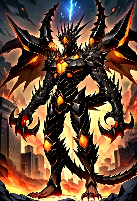 original kaiju armor form of a human, sharp, obsidian-like plates that overlap like armor, elongated and somewhat reptilian head...