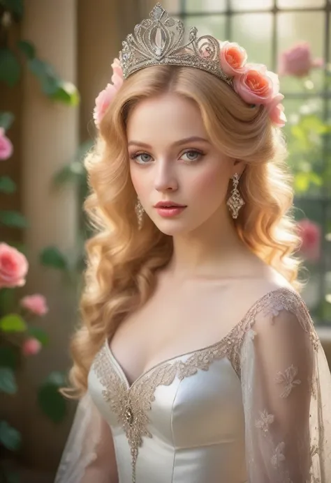 princess in blissful languor, beautiful detailed eyes, beautiful detailed lips, flowing gown, dreamy expression, golden hair cascading down, sparkling tiara, strawberry blonde curls, royal palace, soft sunlight filtering through stained glass windows, exqu...