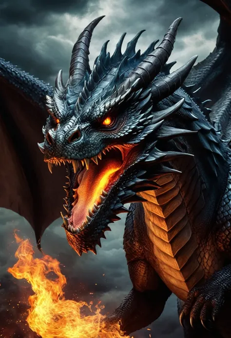 (best quality, highres, ultra-detailed:1.2), (realistic:1.37), horror, dragon, flying, ominous sky, breathing fire, detailed face, scaly skin, sharp claws, intense gaze, dark atmosphere, fiery breath, monstrous creature, threatening presence, vivid colors,...